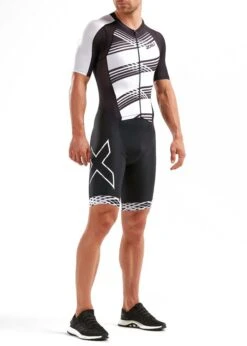 2XU Men's Compression Full Zip Sleeved Trisuit - Black / White -Best Swimming Equipment mt5516d blk bwl 00