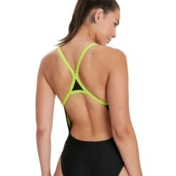 Speedo Boom Logo Turnback Swimsuit - Black/ Lime/ Pink