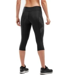 2XU Women's Mid-Rise Compression 3/4 Tights - Black/ Dotted Reflective Logo -Best Swimming Equipment wa2865b blk drf bk
