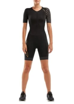2XU Women's Compression Sleeved Trisuit - Black/Gold -Best Swimming Equipment wt5521d blk gld 00
